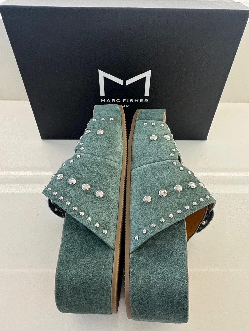 Marc Fisher Forest Green Double-Buckle Stud Slide Mules